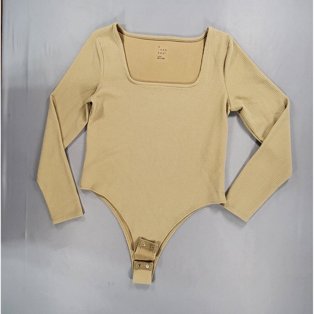 A New Day Ribbed Square Neck Long Sleeve Bodysuit Tan Beige L Large